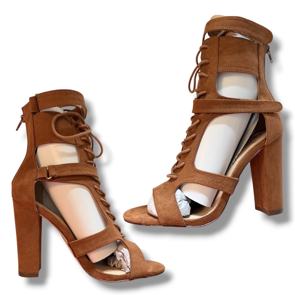 Olivia Jaymes Cindy Tan Suede Lace Up Gladiator Block Heel Sandals Womens Size 9